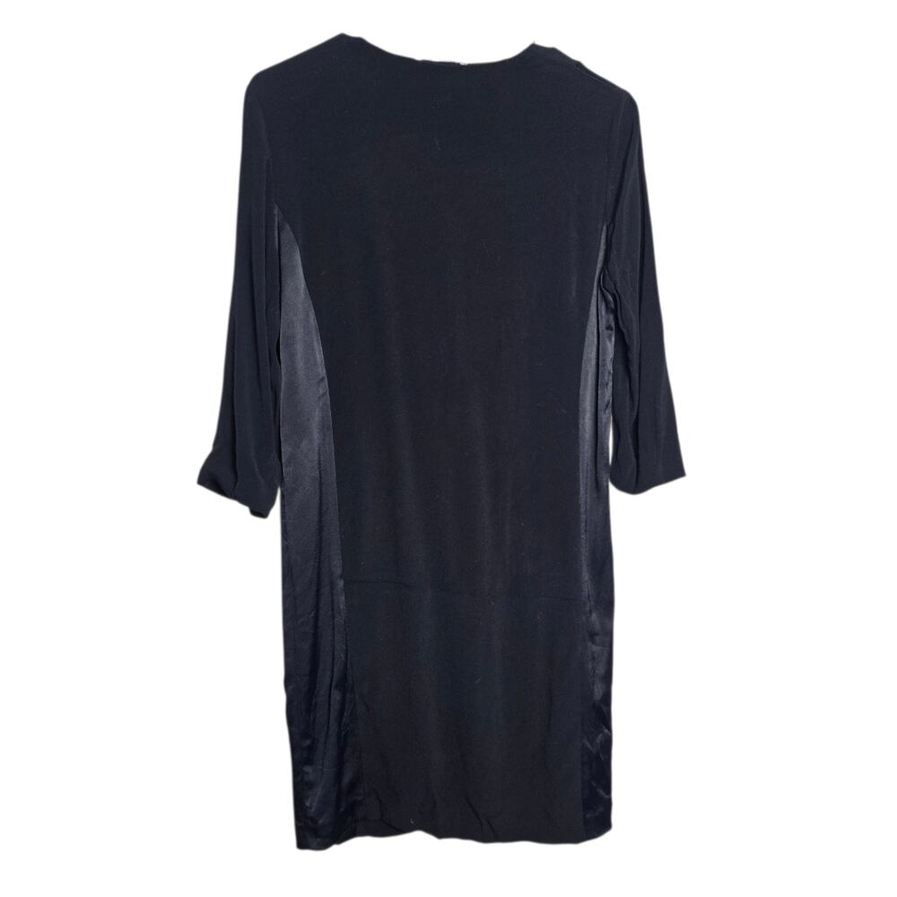 Sandro Paris Black V-Neck Satin Panel Dress 3/4 Sleeve Tunic‎ Shift Dress sz 1 - Picture 2 of 8